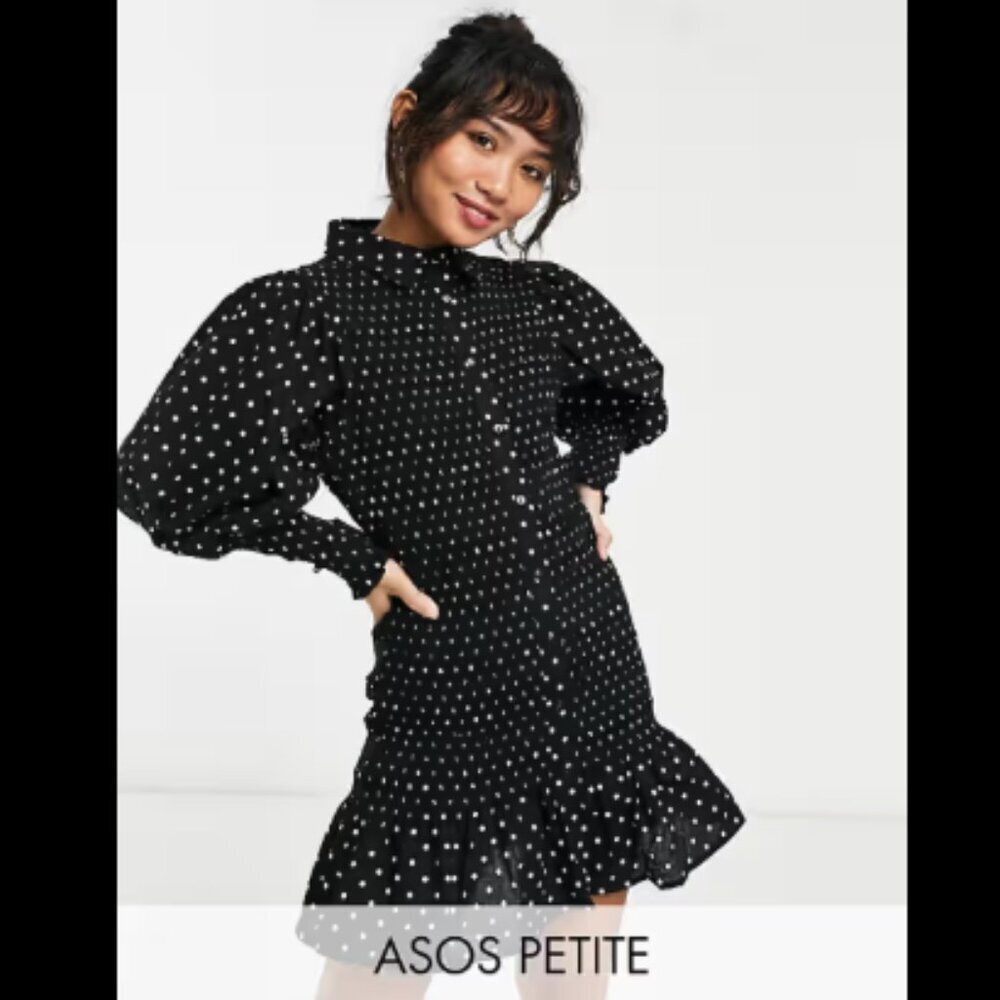 ASOS DESIGN Petite Shirred Mini Shirt Dress in Black Polka Dots Size 12